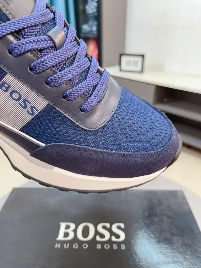 Hugo Boss নেভি হোয়াইট স্তরযুক্ত জাল এবং স্যুড উপর ওয়াইড প্ল্যাটফর্ম সোল লাইফস্টাইল স্নিকার 5