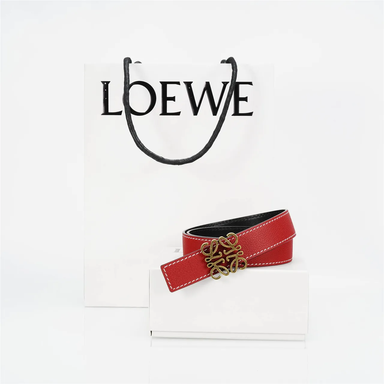 Loewe Anagram Belt 红金 粒面白 对比缝线 皮带 4