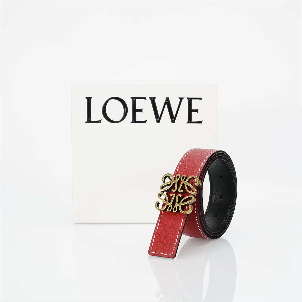 Loewe Anagram Belt 红金 粒面白 对比缝线 皮带 5