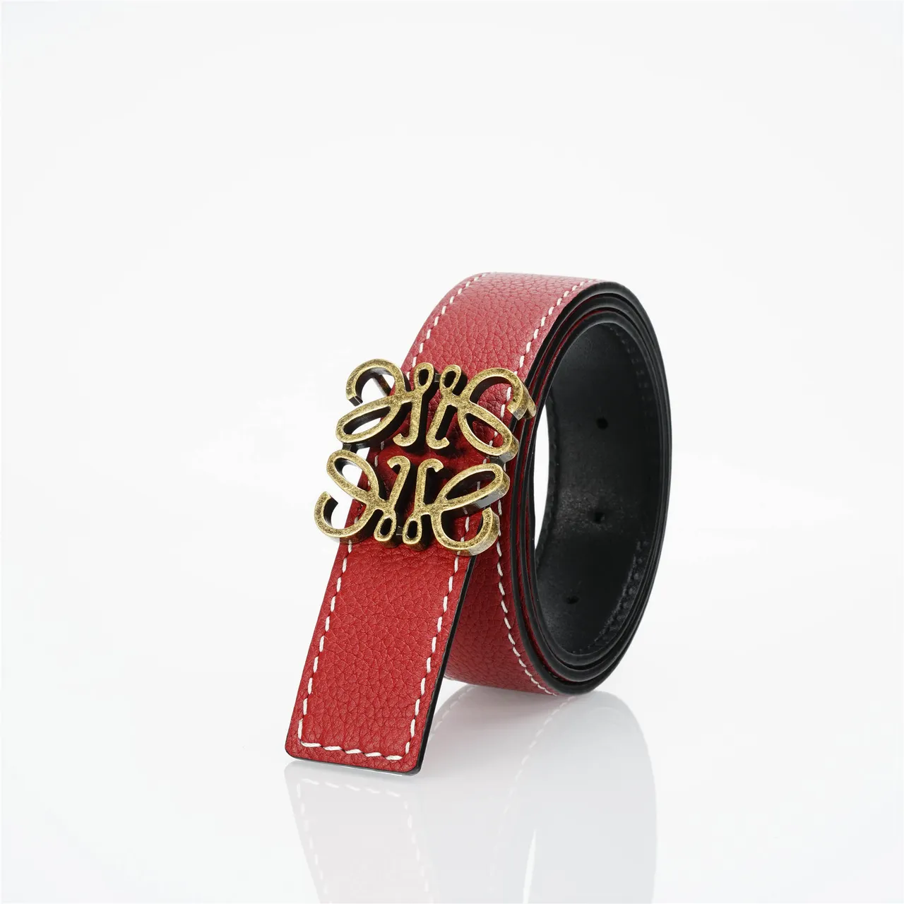 Loewe Anagram Belt 红金 粒面白 对比缝线 皮带 6