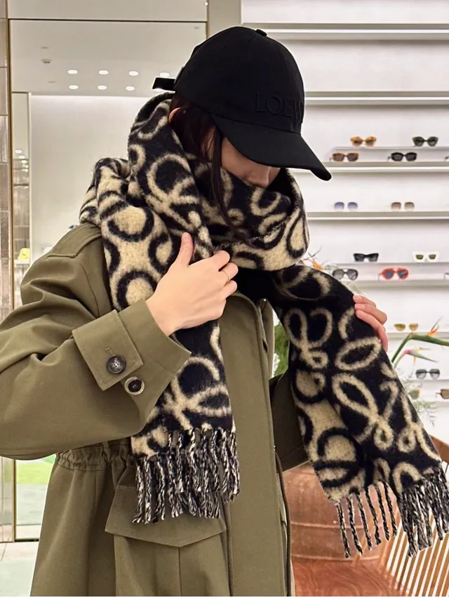 Loewe Anagram Monogram Navy and Cream Cashmere Scarf 2