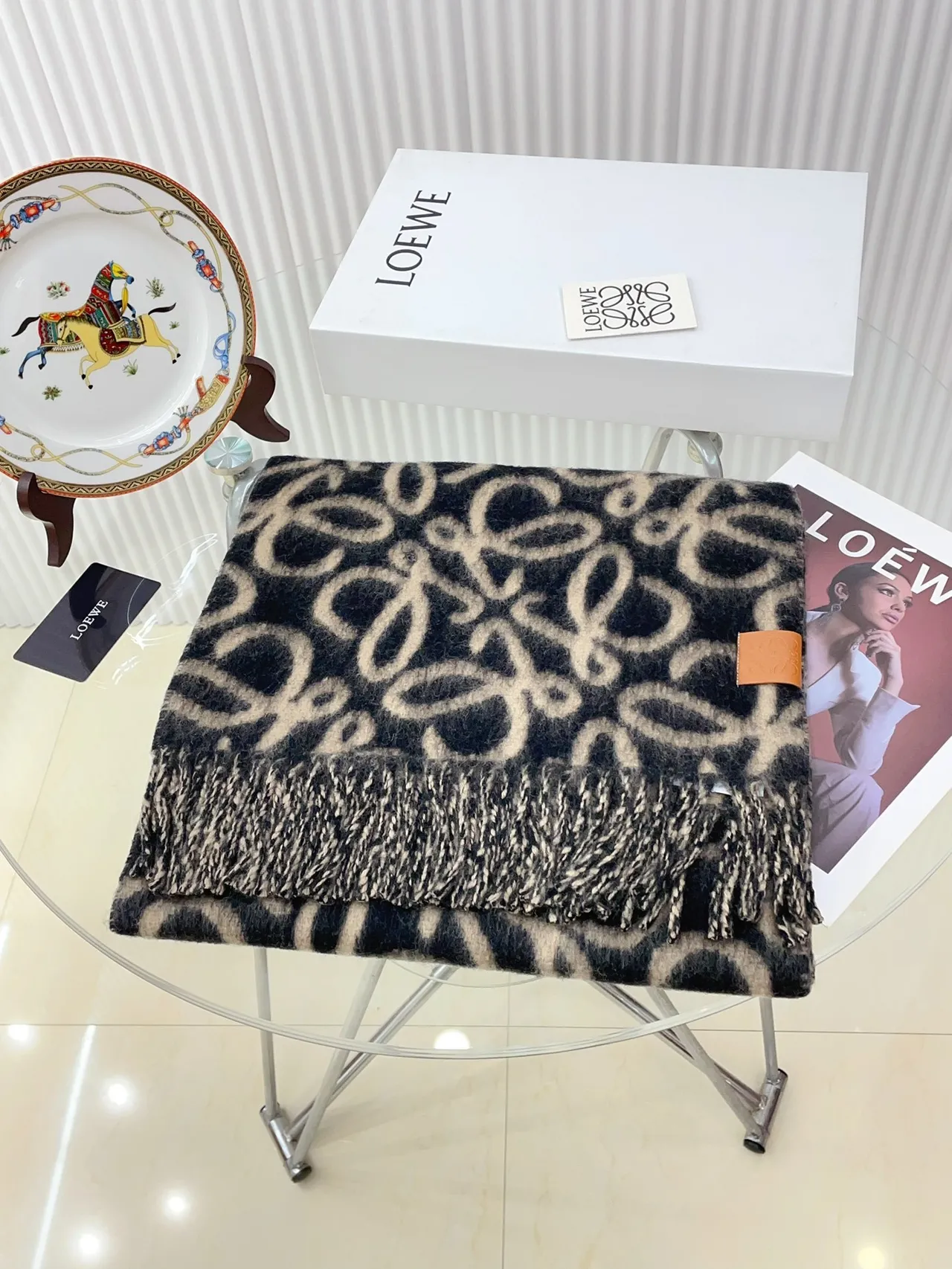 Loewe Anagram Monogram Navy and Cream Cashmere Scarf 5