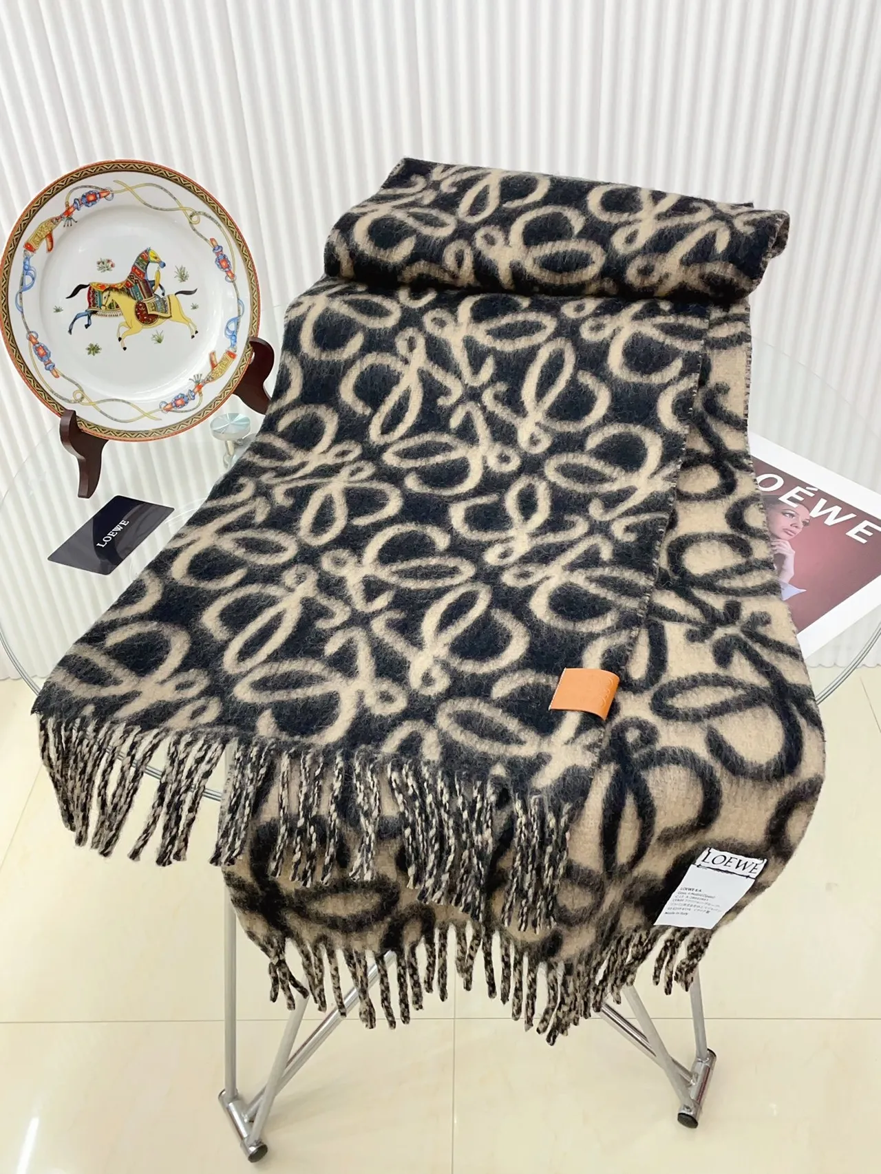 Loewe Anagram Monogram Navy and Cream Cashmere Scarf 6