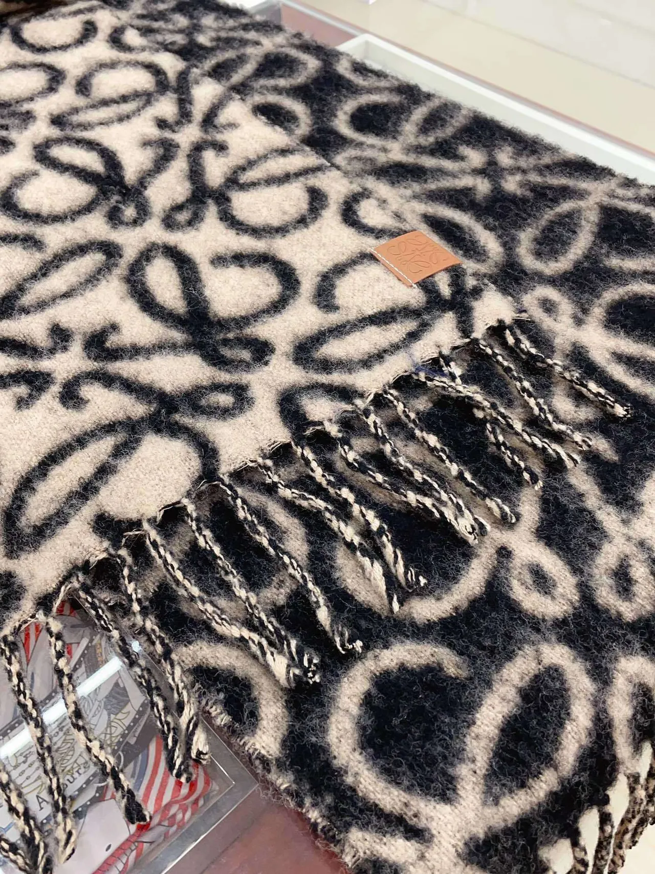 Loewe Anagram Monogram Navy and Cream Cashmere Scarf 8