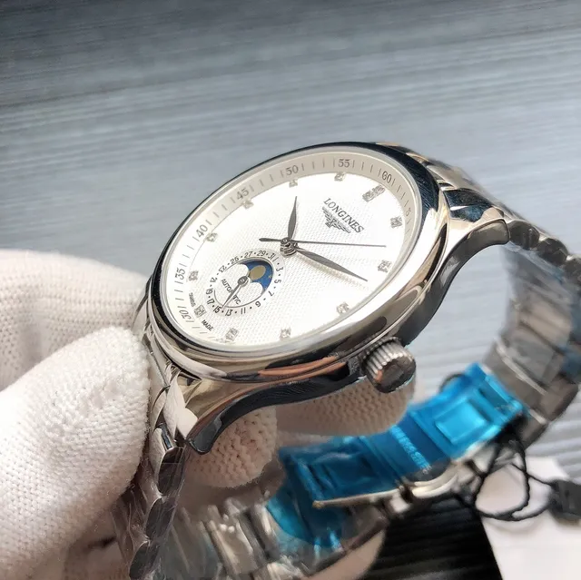 Longines Master Collection चांदी-टोन स्टेनलेस स्टील सफेद गिलोशे डायल चंद्रमा फेज यांत्रिक वॉच 6