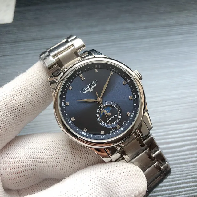 Longines Master Collection चांदी-टोन स्टेनलेस स्टील सफेद गिलोशे डायल चंद्रमा फेज यांत्रिक वॉच 9