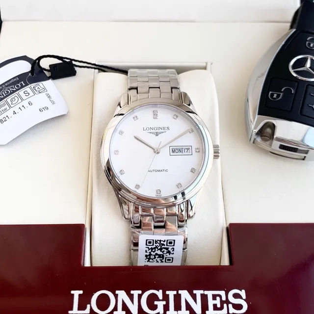 Longines चाँदी सफेद गोल केस डायल यांत्रिक घड़ी 9