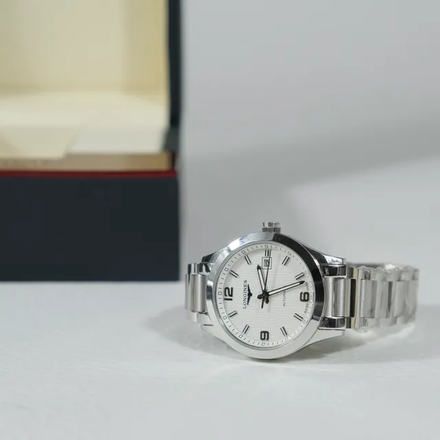 Longines রূপালি সাদা স্টেইনলেস স্টিল ব্রেসলেট গিলোচে ডায়াল যান্ত্রিক ঘড়ি 4