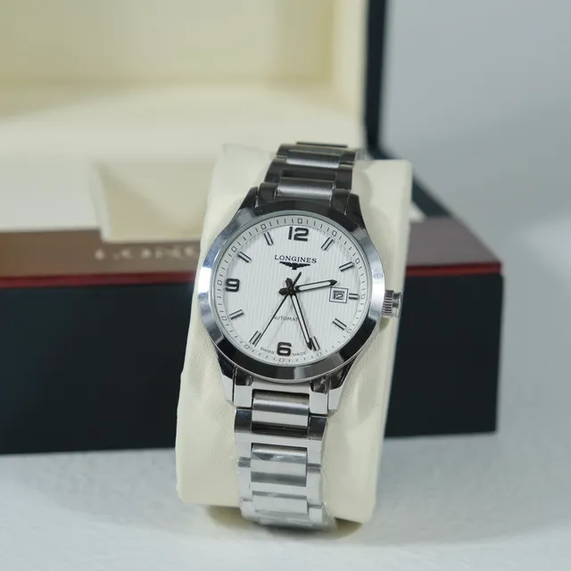 Longines রূপালি সাদা স্টেইনলেস স্টিল ব্রেসলেট গিলোচে ডায়াল যান্ত্রিক ঘড়ি 6