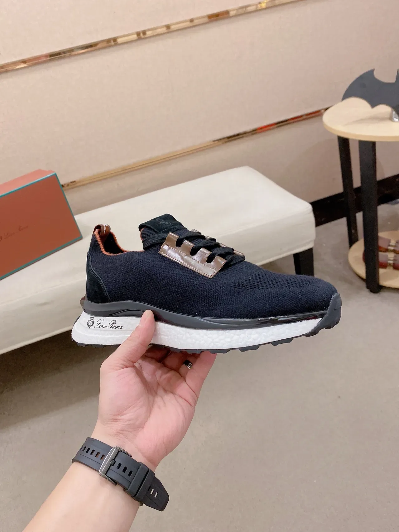Loro Piana أسود بني علوة من التنسج شريط الطبقة الوسطى الشفاف أحذية رياضية 6