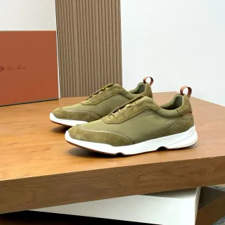 Loro Piana 橄榄绿麂皮和尼龙无带松紧运动鞋