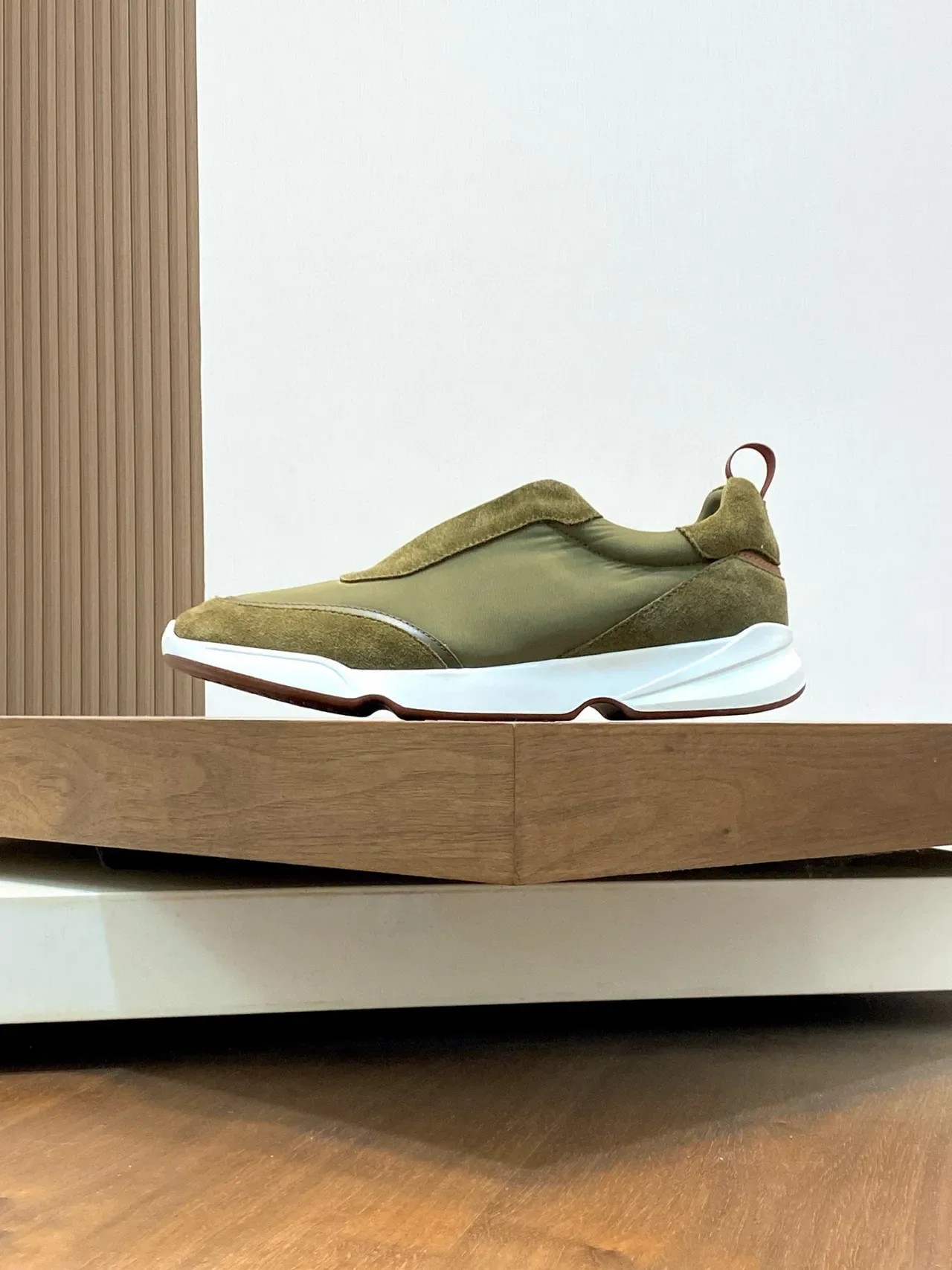 Loro Piana Olive Green Suede and Nylon Laceless Slip-On Sneakers 3