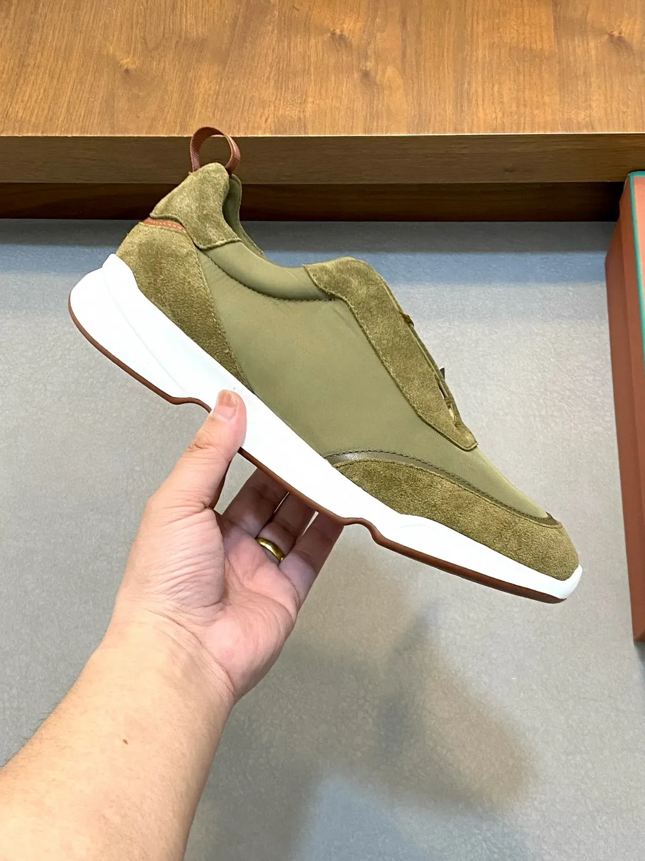Loro Piana Olive Green Suede and Nylon Laceless Slip-On Sneakers 4
