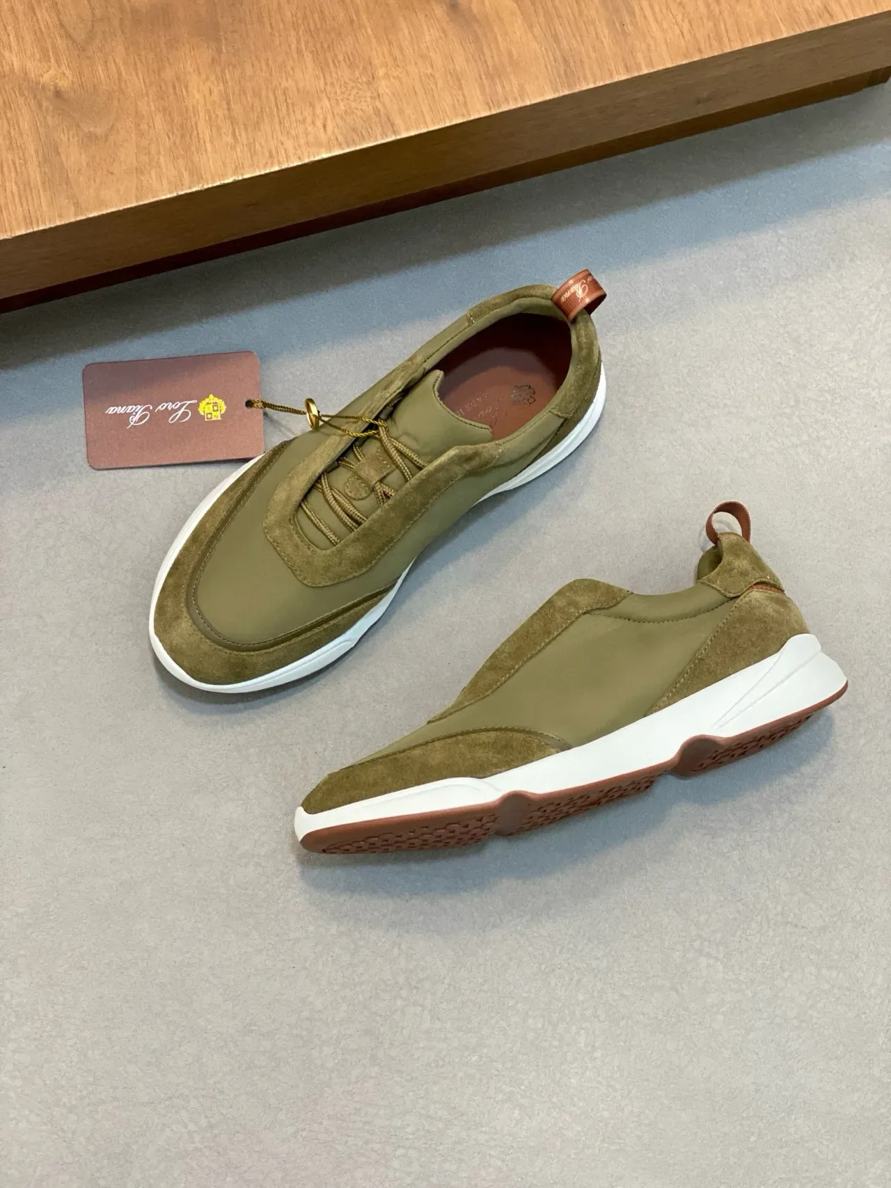 Loro Piana Olive Green Suede and Nylon Laceless Slip-On Sneakers 5