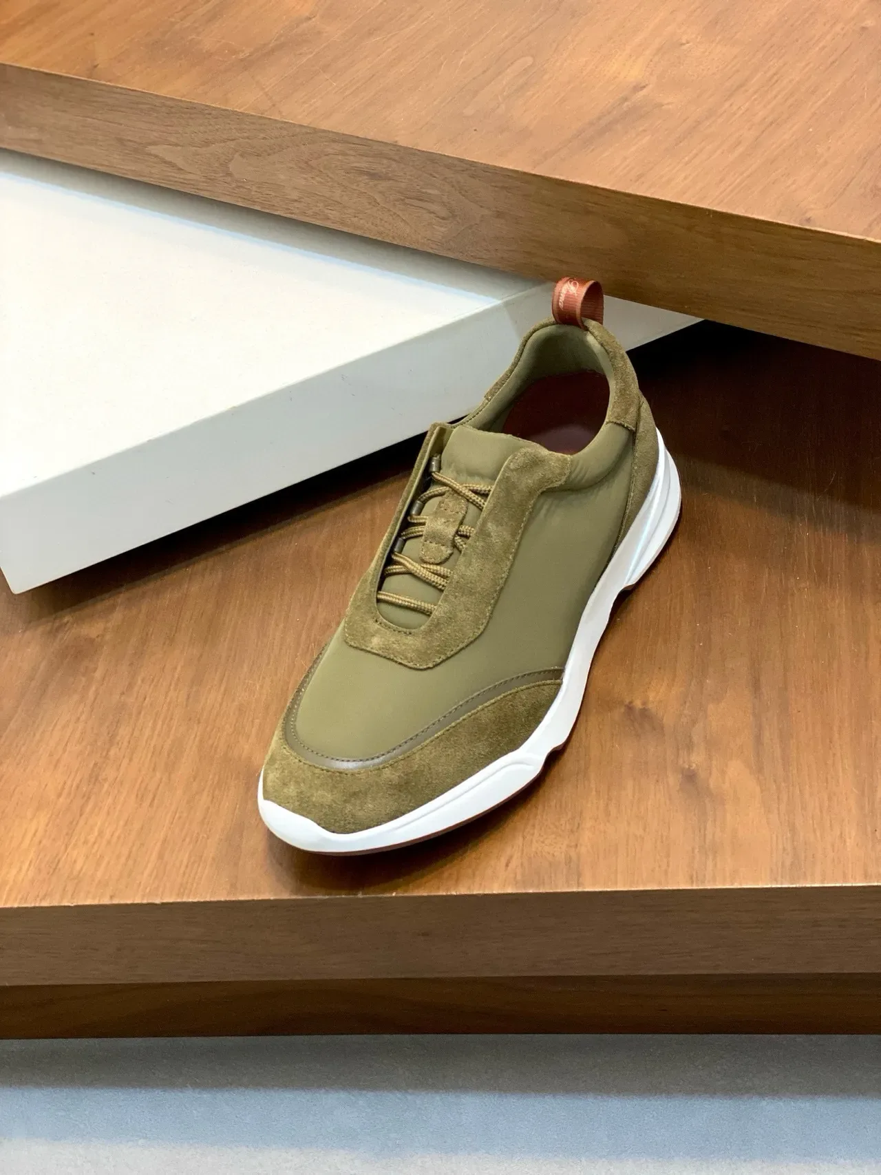 Loro Piana Olive Green Suede and Nylon Laceless Slip-On Sneakers 6