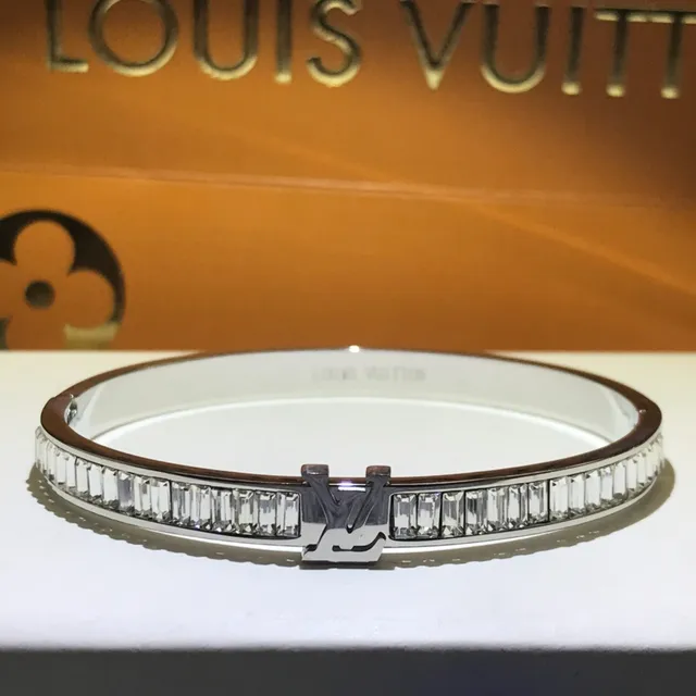 Louis Vuitton Baguette-Cut Crystal LV Logo Bangle Bracelet 3