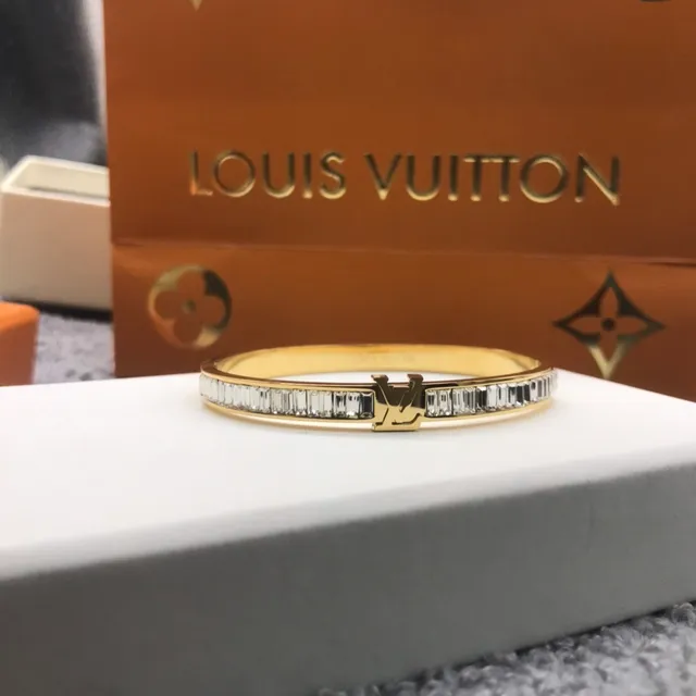Louis Vuitton Baguette-Cut Crystal LV Logo Bangle Bracelet 8