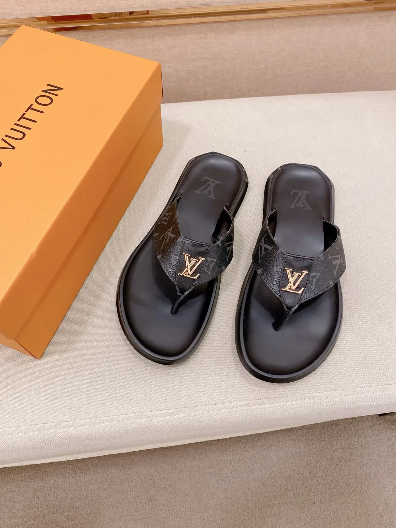 Louis Vuitton Black Brown Thong Strap Embossed LV Logo Slippers 10