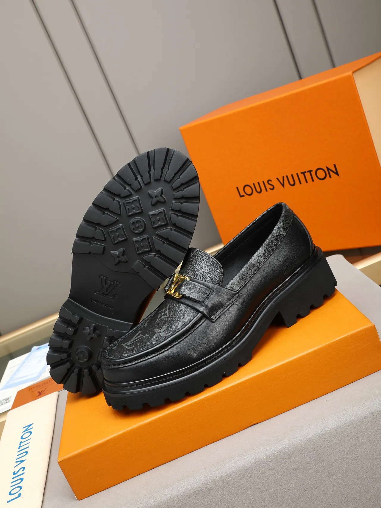 Louis Vuitton Black Gold Monogram-Coated Leather Buckle Loafer 4