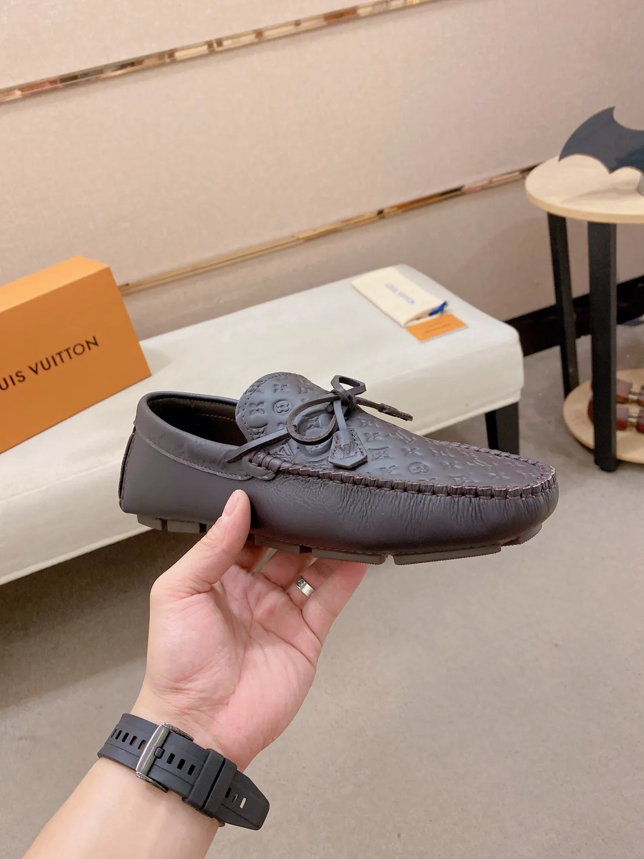 Louis Vuitton Black Monogram-Embossed Leather Braided Moc-Toe Loafer 5
