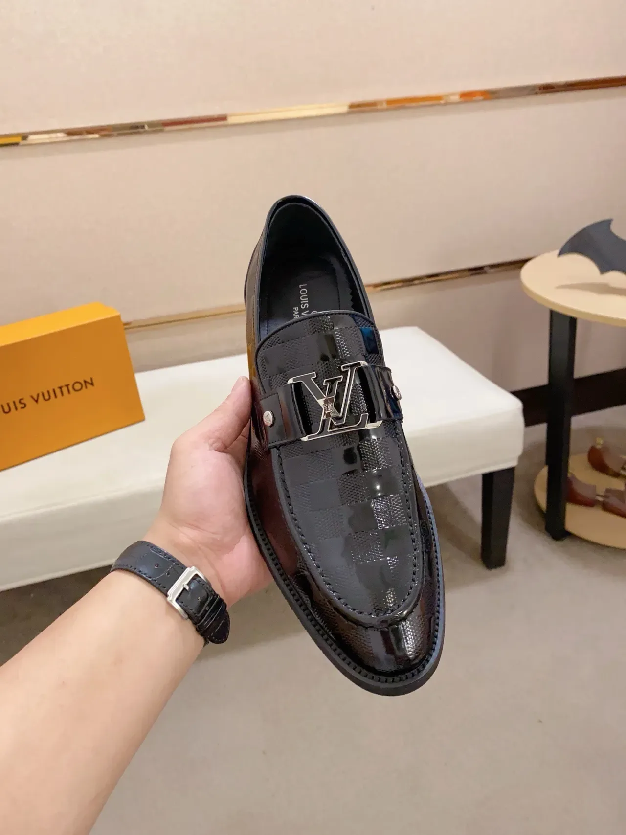 Louis Vuitton Black Patent Leather Damier Check Pattern Loafer 5