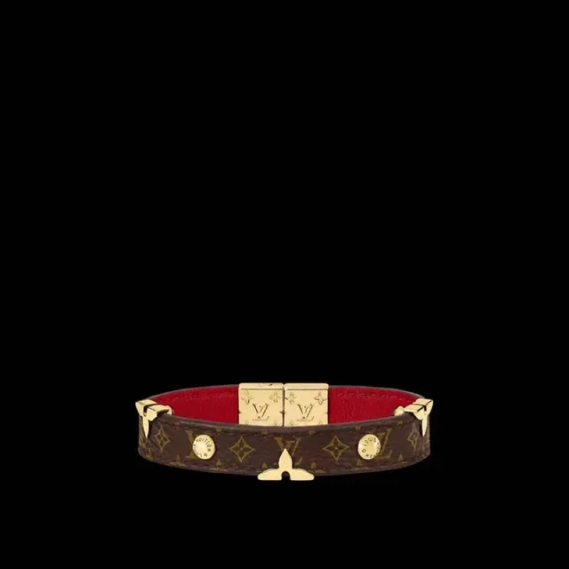 Bracelet Louis Vuitton Noir Rouge Bandes de Cuir Empilées Boucle Florale Dorée 5