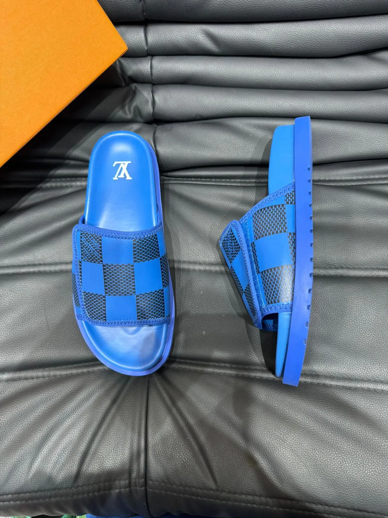 Louis Vuitton Blue Black Molded Rubber Sole Checkerboard Mesh Strap Slippers 3