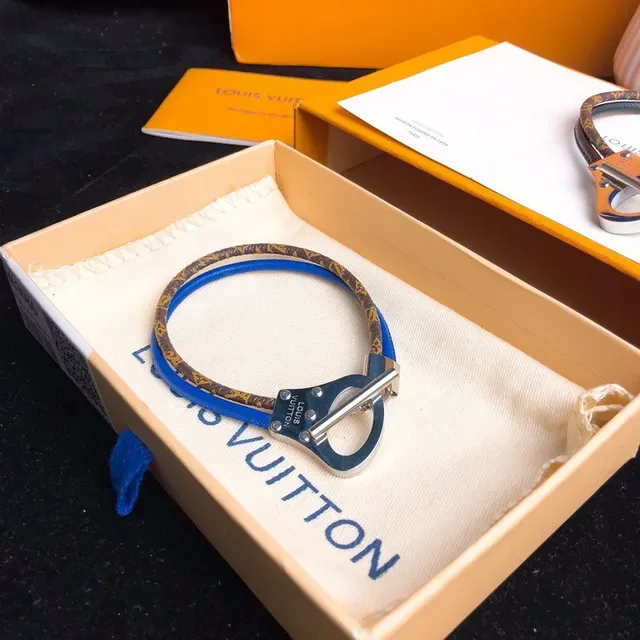 Louis Vuitton Brown Blue Monogram-Coated Leather Metal Toggle Clasp Bracelet 4