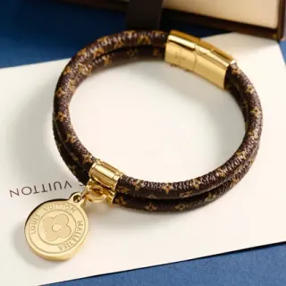 Louis Vuitton سوار جلد بني ذهبي لف مزدوج مونوغرام مغطى