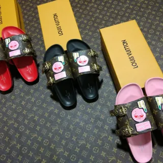 Louis Vuitton 棕色粉色 双带扣环可调节拖鞋
