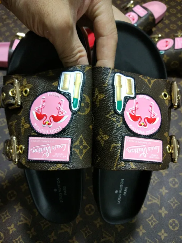 Louis Vuitton Brown Pink Double-Strap Buckle-Adjustable Slippers 2