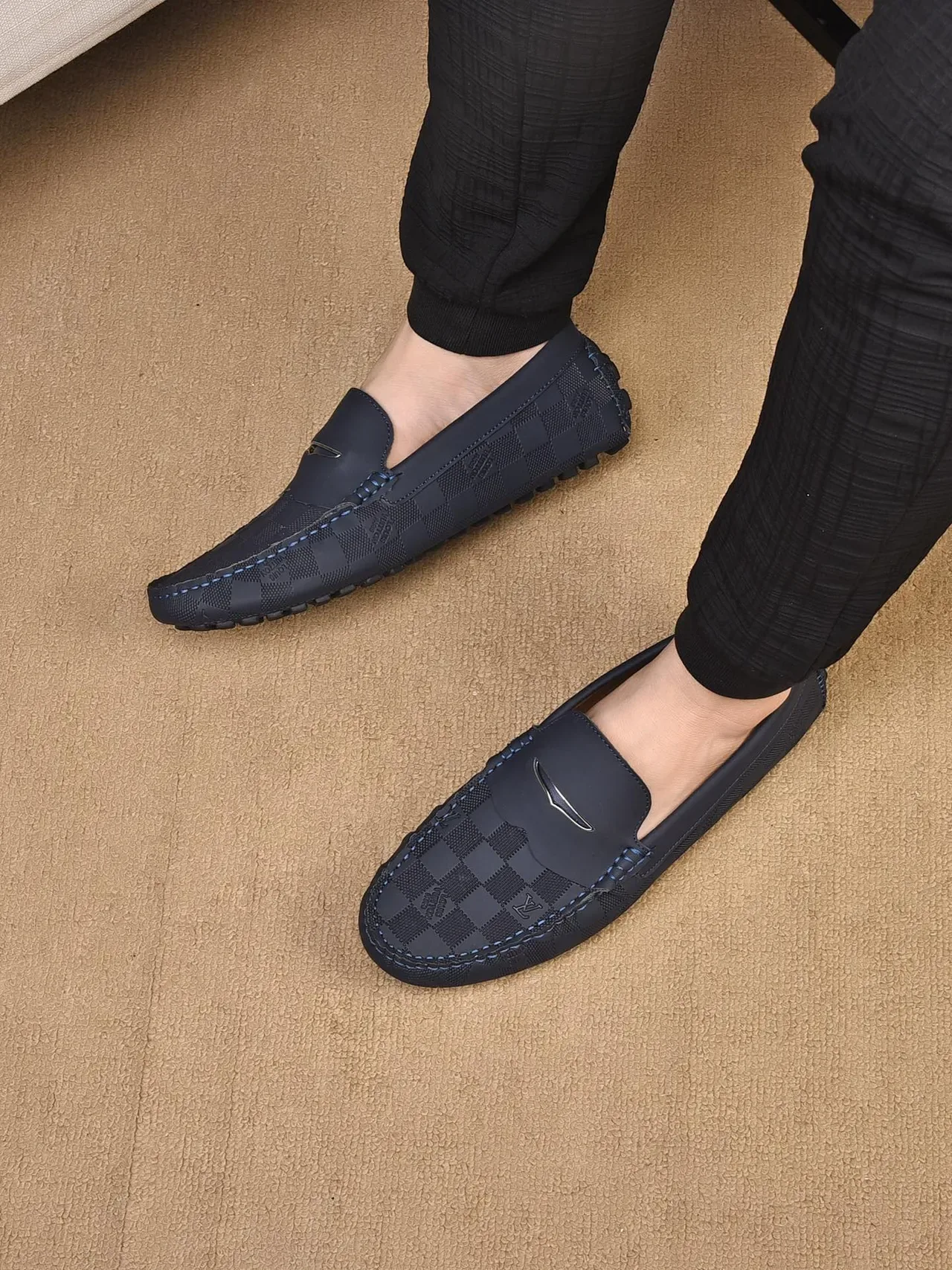 Mocassim Louis Vuitton Damier Graphite Navy Beige Penny Checkered Monogram Canvas 2