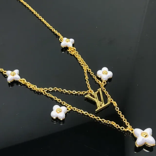Louis Vuitton Flower Motif Gold Pink Multi-Chain Layered Floral Enamel Charms Necklace 5