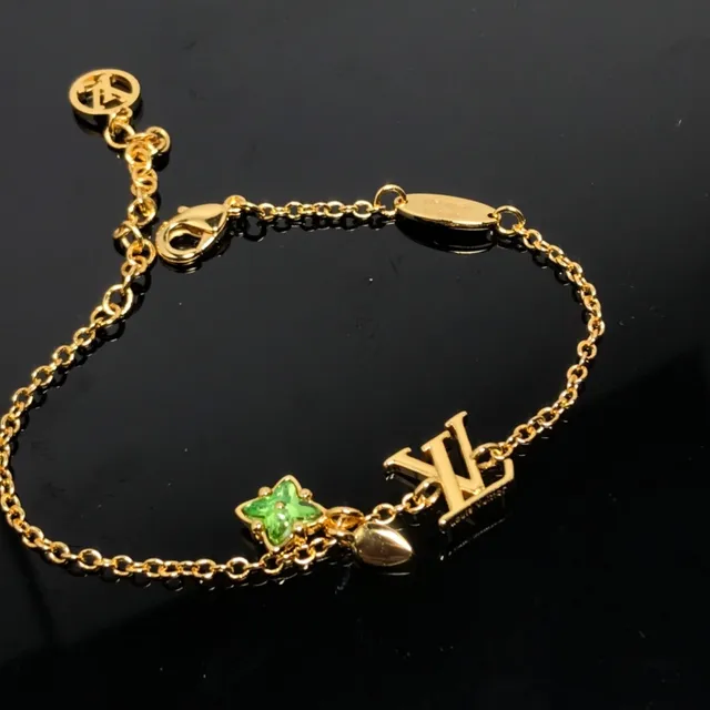 Louis Vuitton Corrente Dourada Verde Interligada LV Monograma Pulseira de Encanto 2