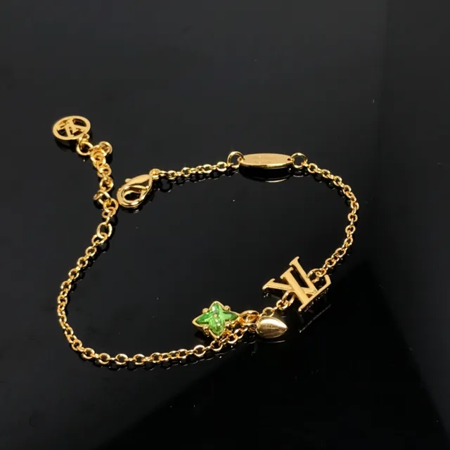 Louis Vuitton Corrente Dourada Verde Interligada LV Monograma Pulseira de Encanto 3