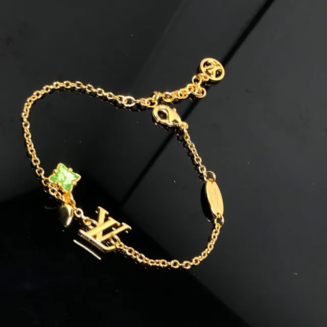 Louis Vuitton Corrente Dourada Verde Interligada LV Monograma Pulseira de Encanto 4