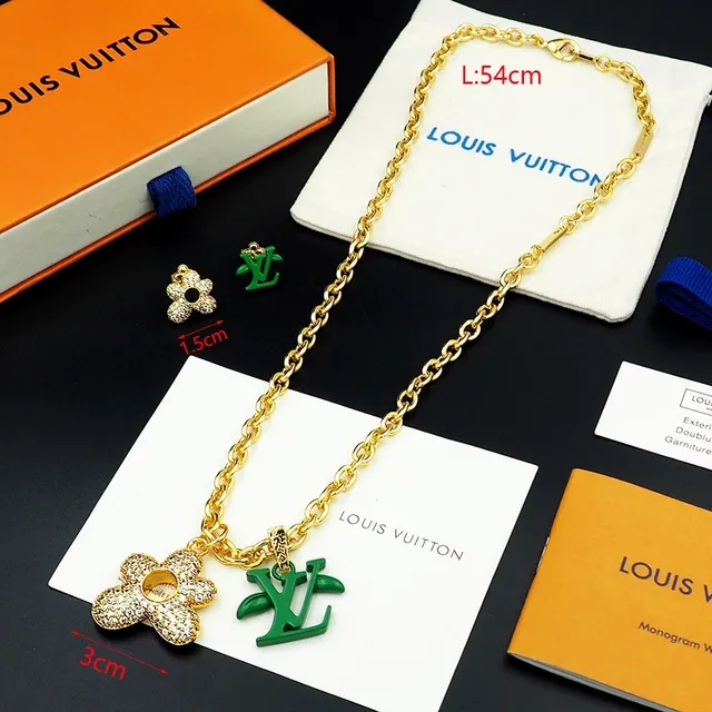 Louis Vuitton Gold-Tone Crystal Flower and Green LV Monogram Pendant Necklace 7