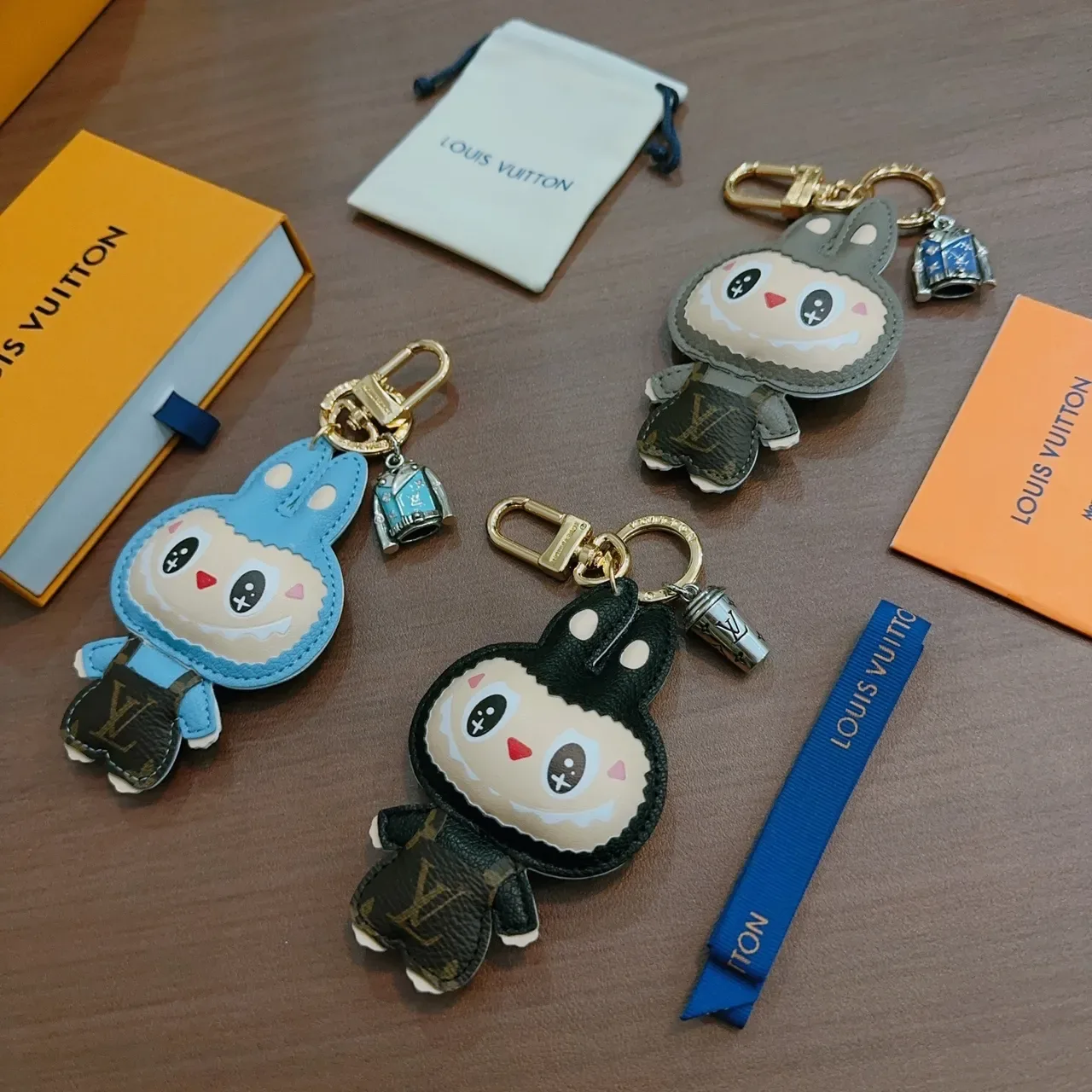 Louis Vuitton Gray Beige Plush Character Design Leather-Trimmed Appliqué Phone Accessory 3