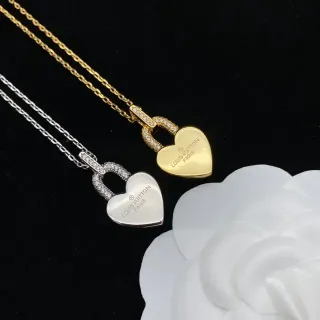 Louis Vuitton Heart Lock Pingente Ouro e Prata Pedras Pavé-Set Colar de Bail