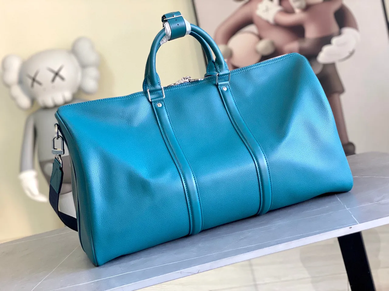 Louis Vuitton Keepall Bandoulière Turquoise Grained Leather Duffle Bag 3