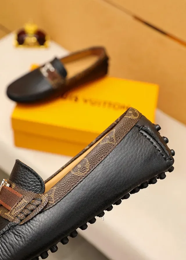 Louis Vuitton Loafer Black Brown Pebbled Leather Monogram Canvas Trim Loafer 4