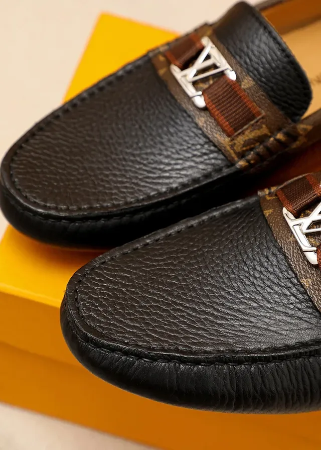 Louis Vuitton Loafer Black Brown Pebbled Leather Monogram Canvas Trim Loafer 5