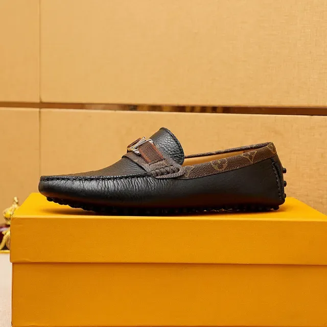Louis Vuitton Loafer Black Brown Pebbled Leather Monogram Canvas Trim Loafer 6