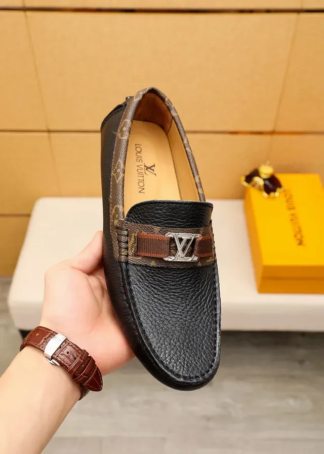 Louis Vuitton Loafer Black Brown Pebbled Leather Monogram Canvas Trim Loafer 7