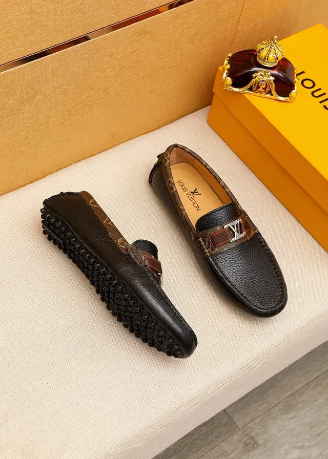 Louis Vuitton Loafer Black Brown Pebbled Leather Monogram Canvas Trim Loafer 9