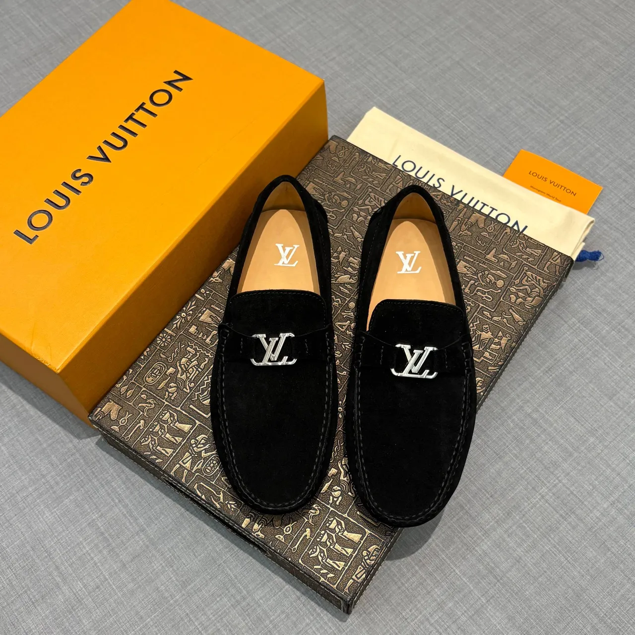 Louis Vuitton Loafer Black Silver Suede Upper LV Logo Buckle Loafer 6