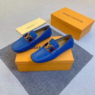 Louis Vuitton लोअफर नीली सुनहरी चमड़े की ऊपरी सतह LV मोनोग्राम बकल लोअफर