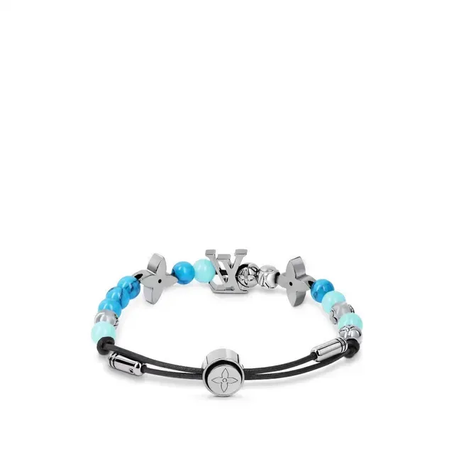 Louis Vuitton LV Beads Blue Silver Adjustable Cord Metal Charms Bracelet 2