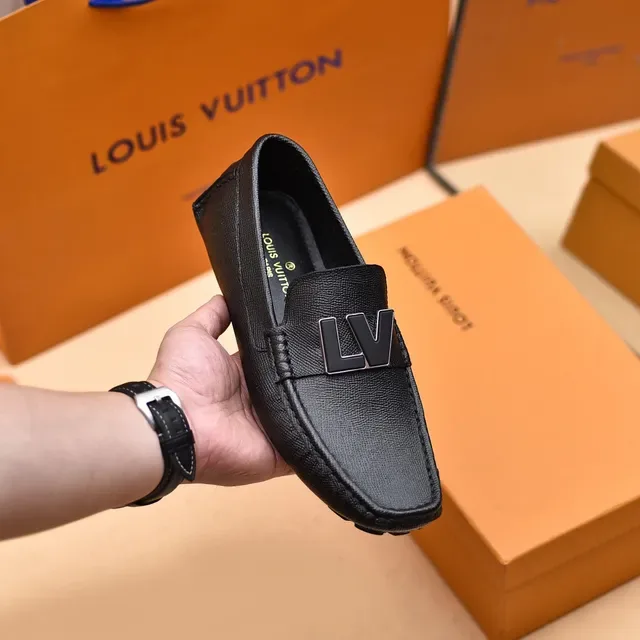 Louis Vuitton LV Loafer Black Grained Leather Metal Logo Loafers 5