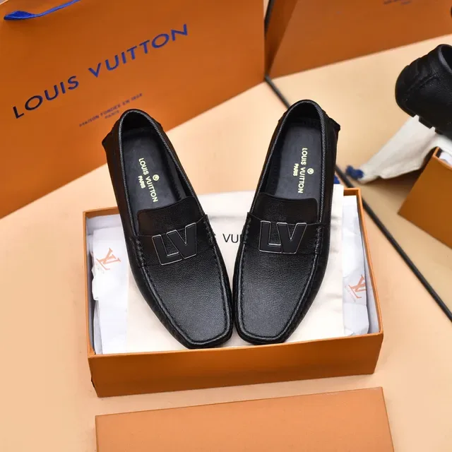 Louis Vuitton LV Loafer Black Grained Leather Metal Logo Loafers 9